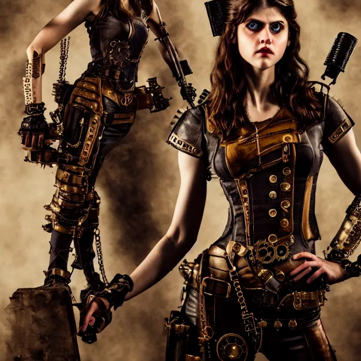 Image similar to full body photograph of alexandra daddario as a steampunk warrior, Extremely detailed. 8k