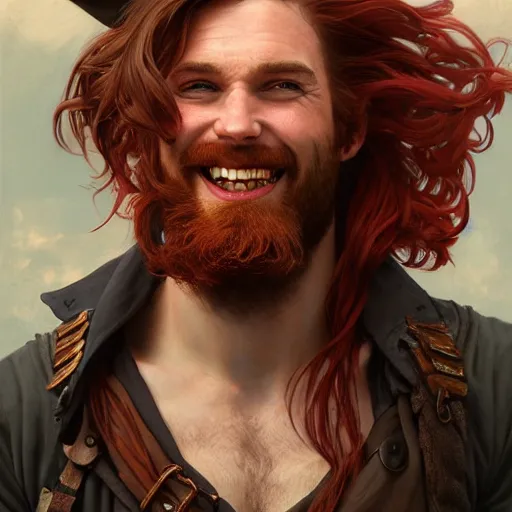 Image similar to portrait of a young ruggedly handsome but joyful pirate, male, masculine, upper body, red hair, long hair, d & d, fantasy, giddy smirk, intricate, elegant, highly detailed, digital painting, artstation, concept art, matte, sharp focus, illustration, crimson hair, art by artgerm and greg rutkowski and alphonse mucha