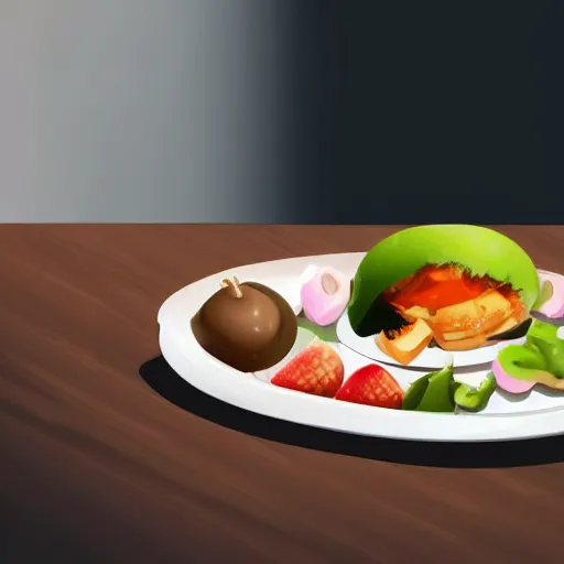 Image similar to a plate of random food on the table, realistic,