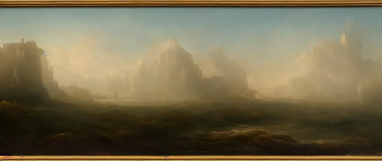 Prompt: an impossibly large tower rising from a sea of mist,evocative,neoclassic landscape painting