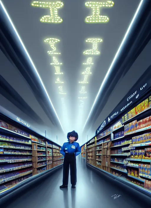 Image similar to portrait of a depressed supermarket worker in a countdown nz uniform, intricate, elegant, glowing lights, highly detailed, digital painting, artstation, concept art, smooth, sharp focus, illustration, art by wlop, mars ravelo and greg rutkowski