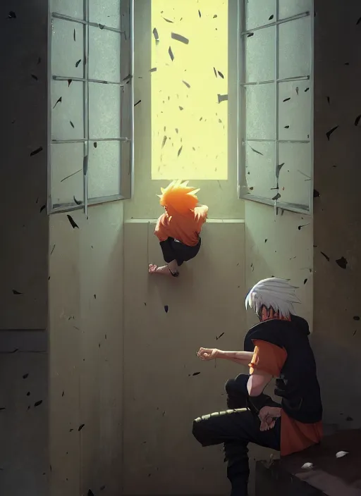 Image similar to highly detailed prison cell with naruto uzumaki with black hair, bars in window, hitting a wall, art by greg rutkowski, loish, rhads, ferdinand knab, makoto shinkai and lois van baarle, ilya kuvshinov, rossdraws, tom bagshaw, global illumination, radiant light, detailed and intricate environment