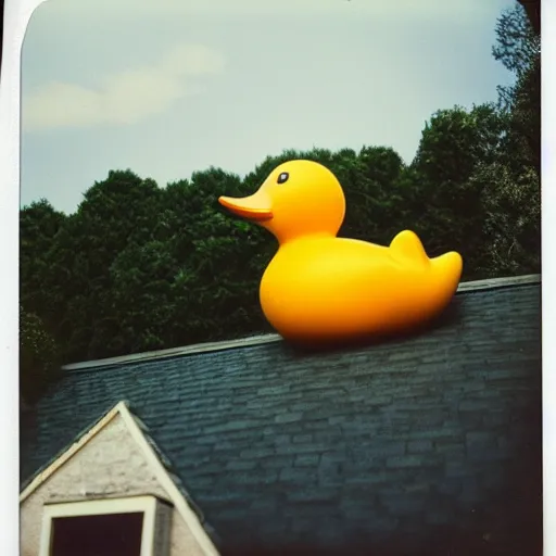 Image similar to a very beautiful picture of a giant rubber duck on the roof of an house, polaroid