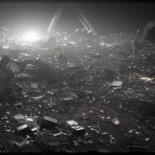 Prompt: a view from afar of a maelstrom of scrap metal in black, starless space, octane render