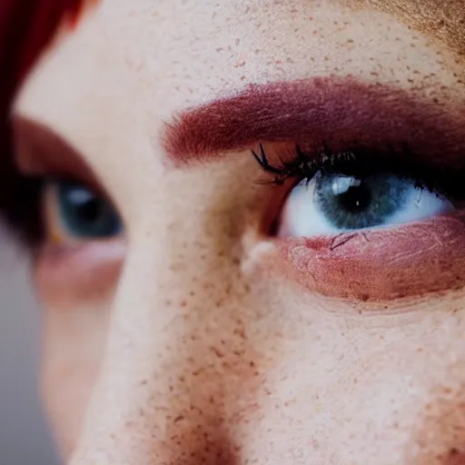 Prompt: close up photo of red haired middle aged women with freckles on her face, brown eyes, photorealistic, 8k, perfect skin, realistic eyebrows