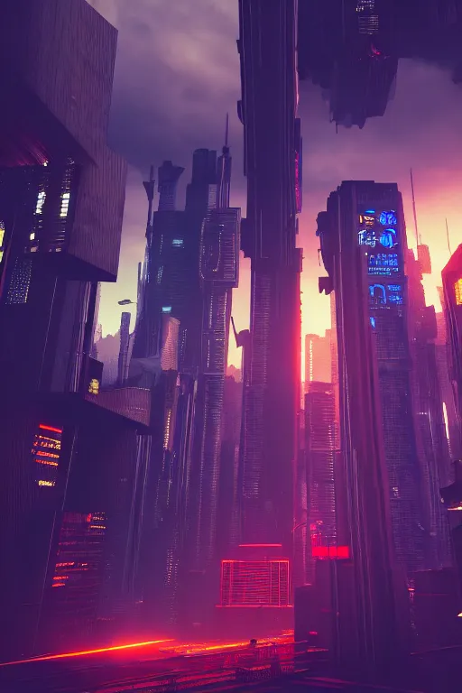 Image similar to cyberpunk city from street level looking up, photo realistic, highly detailed, rendered in octane, artstation, 35mm, atmospheric, cinematic lighting, dramatic dusk sky