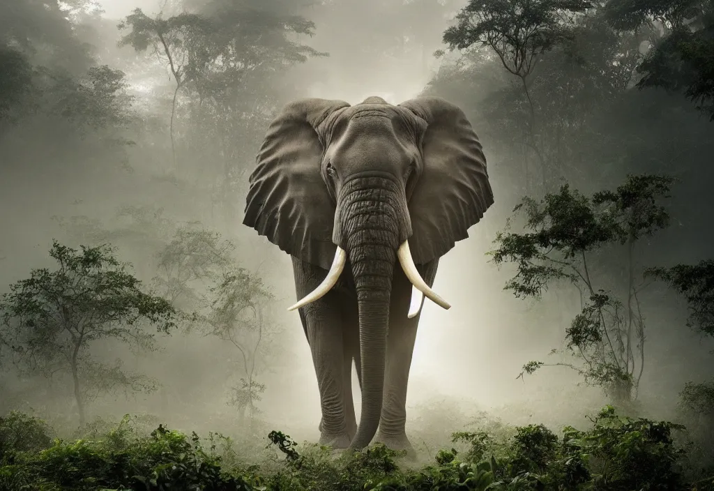 Image similar to an enormous elephant king, in a jungle with ominous light from above, ambient light, fog, river, very poetic