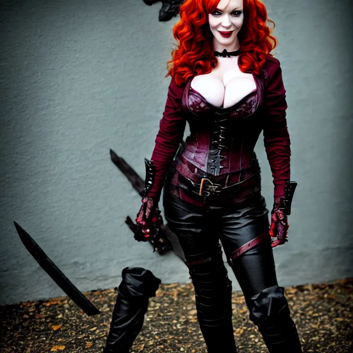 Image similar to full body photograph of christina hendricks as a vampire warrior. extremely detailed. dslr. 8 5 mm.