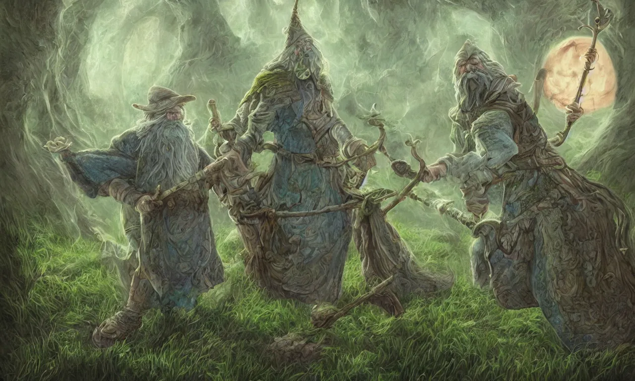 Image similar to a wizard with a staff, discworld theme, moss, nordic, pastel colors, 3 d art, digital illustration, perfect lighting