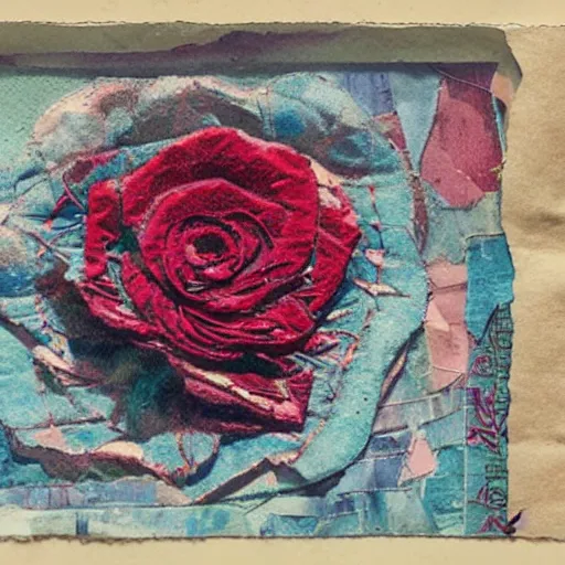 Image similar to photo of an intricately detailed representation of a accurate rose. Colored synthetic polymer blended with colored torn fabrics miniature on found newspaper.