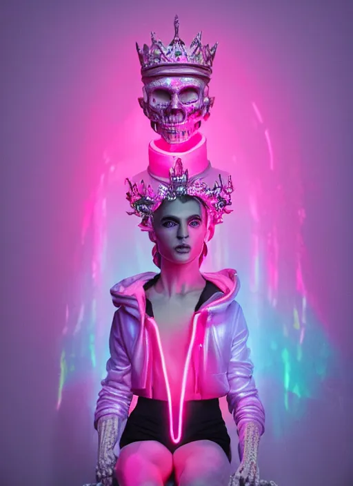 Image similar to photo of baroque and bladerunner delicate neon ruby sculpture of seductive ceramic albino king adrien sahores space pink iridescent humanoid deity wearing black fluffy hoody holding diamond skull in a black metallic dungeon, reclining, glowing rainbow face, crown of white diamonds, cinematic lighting, photorealistic, octane render 8 k depth of field 3 d