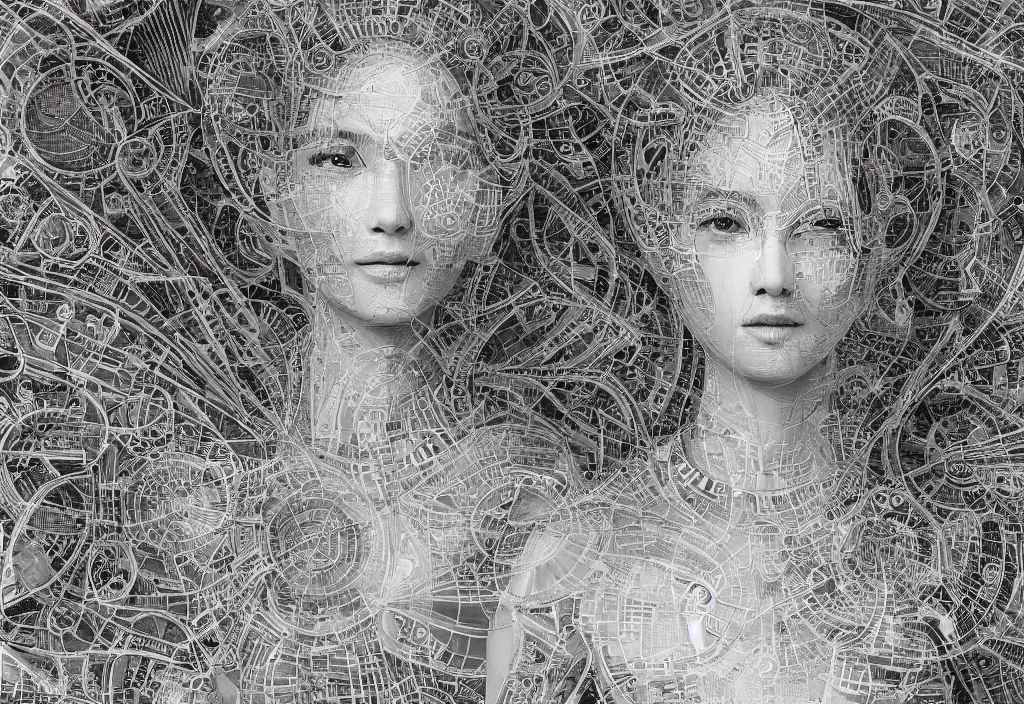 Prompt: The face of a very beautiful goddess radiating An artwork made from layers of technical drawings and architectural plans, very detailed and intricate with callout texts, leaders, arrows and bubbles by Kim Jung Gi, 8k, xparticles