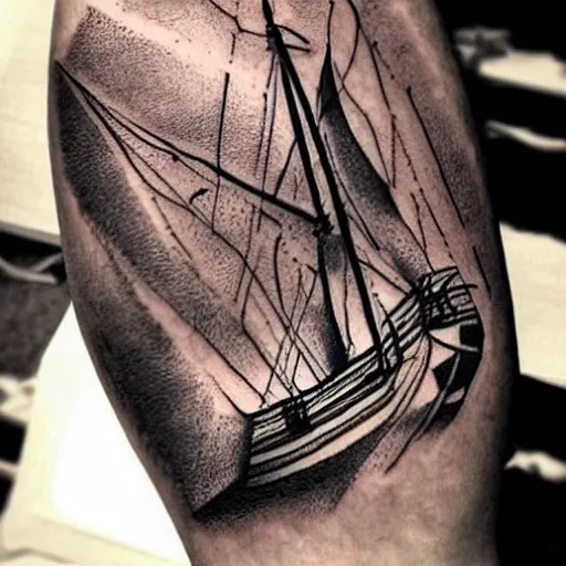 Prompt: realism tattoo design sketch of a pirate ship