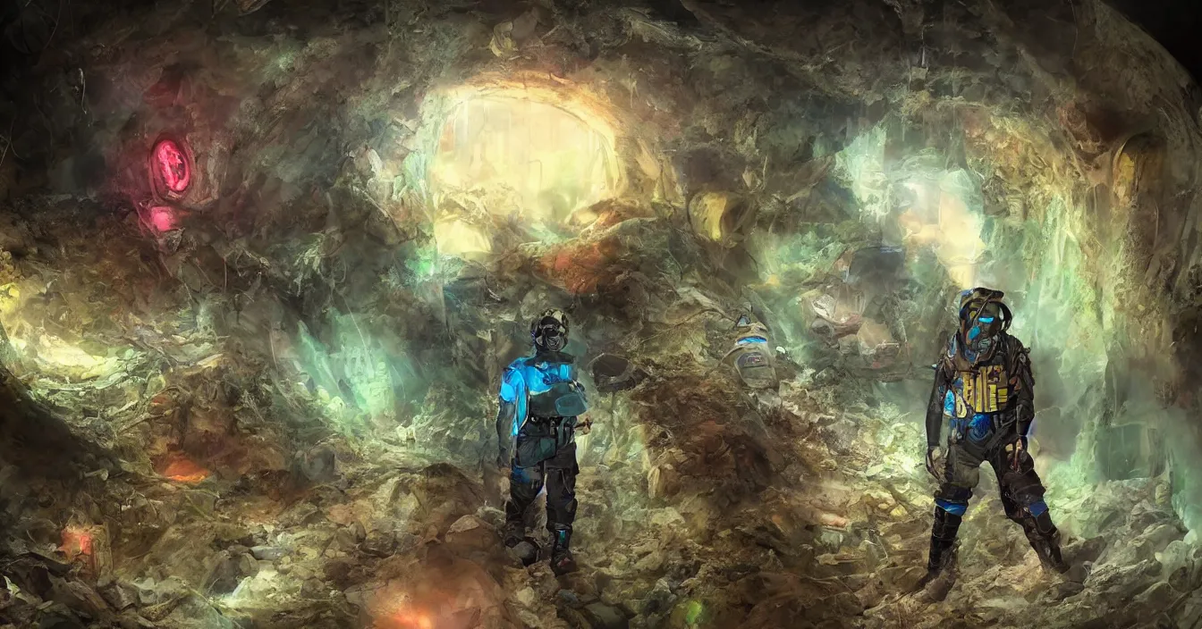 Prompt: futuristic archaeologist from 2 3 rd century is excavating buried ugly alien nest hidden in deep dark wet cave, deep sense of horror atmosphere, visual fidelity and plasticity, depth defocus, digital art, vivid colors, in style of fenghua zhong