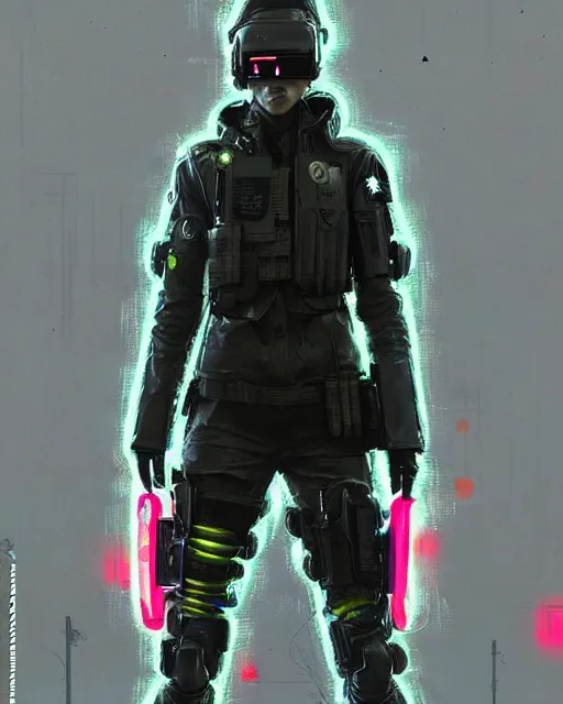 Prompt: detailed full body portrait neon female swat officer, cyberpunk futuristic, neon, reflective puffy coat, decorated with traditional japanese by ismail inceoglu dragan bibin hans thoma greg rutkowski alexandros pyromallis nekro rene margitte, illustrated, perfect face, fine details, realistic shaded, fine - face, pretty face