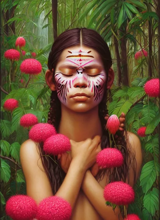 Image similar to a beautiful portrait of a beautiful indigenous woman with eyes closed in the amazon jungle surrounded by pink calliandra angustifolia flowers, face paintings, matte painting, by christophe vacher