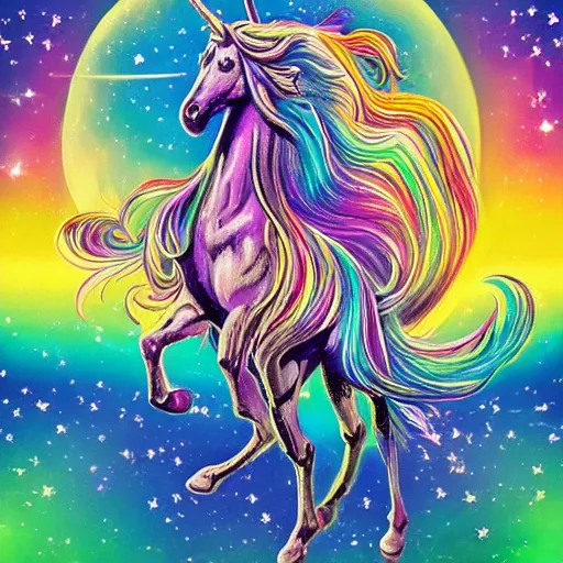 Image similar to a mystical Pegasis-Unicorn sending good vibes throughout the galaxy, hippie-music festival cover art poster (no text)