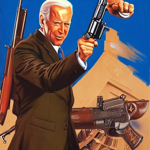 Image similar to propaganda poster of joe biden pointing gun directly at camera in james bond movie, closeup of gun, visible barrel and grip by j. c. leyendecker, bosch, lisa frank, jon mcnaughton, and beksinski