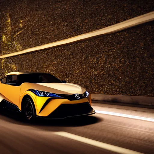 Image similar to toyota chr on a midnight road, hyperrealistic render