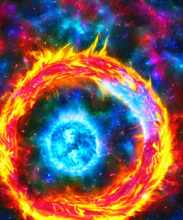 Prompt: blackhole, sun, space, bright colors, painting, perfect composition, phoenix flames, nebula clouds, soft tones