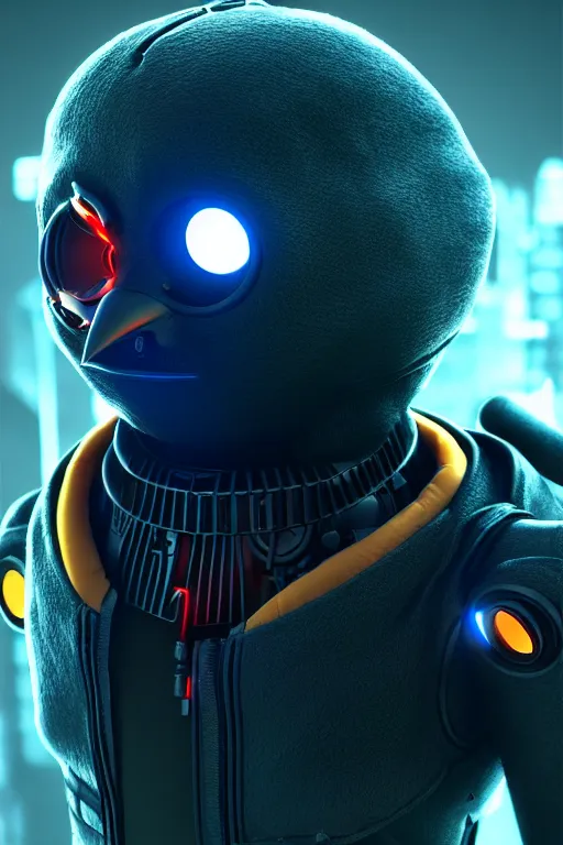 Image similar to high quality 3 d render very cute cyborg crow! incorporated speakers!, cyberpunk highly detailed, unreal engine cinematic smooth, in the style of blade runner & detective pikachu, hannah yata charlie immer, moody light, low angle, uhd 8 k, sharp focus