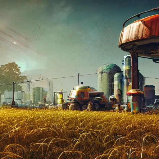 Image similar to fully detailed landscape of a cyberpunk farm , watertank, futuristic tractors, farmhouse, mushroom, overgrowth, Ai , cinematic lightening, in the future, high quality, 8k , octane render, trending on artstation , greg rutowski