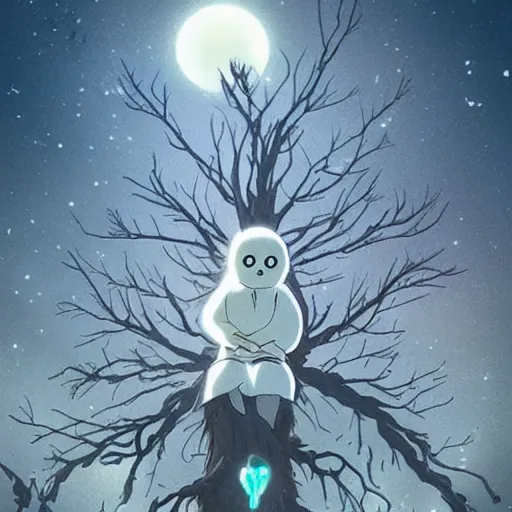 Image similar to ghost creature sitting on the tree in the night made by studio ghibli, detailed, high quality, 8 k, smooth