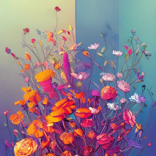 Image similar to a bouquet of colorful flowers, flowers with very long petals,afternoon sunlight, hard light and long shadows, neon glowing, vivid, detailed painting, by James Jean and Ross Tran, masterpiece, award winning painting