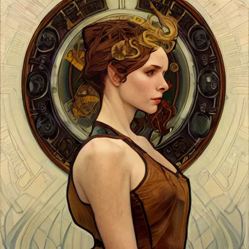 Prompt: a dieselpunk painting in the style of donato giancola, and in the style of charlie bowater, and in the style of alphonse mucha. symmetry, smooth, sharp focus, semi - realism, intricate detail.