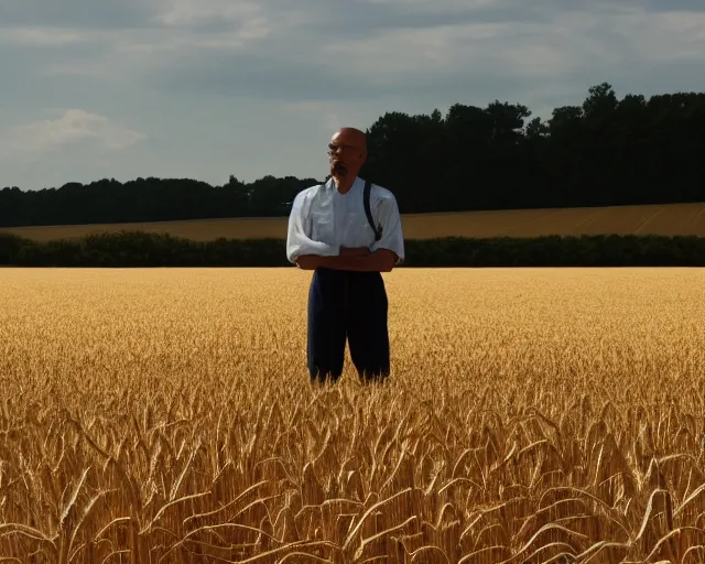 Prompt: walter white standing in front of gustavo fring in a wheat field, side view, 3 5 mm photograph, 8 k resolution, wide shot, sharp lens