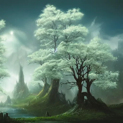 Image similar to a fantasy landscape with white beautiful trees