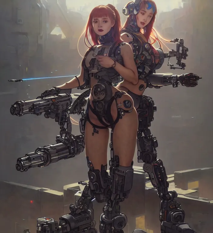 Image similar to full body painting of chuu loona cyberpunk mercenary smiling and fighting a robot, ultra realistic, concept art, intricate details, eerie, highly detailed, photorealistic, octane render, 8 k, unreal engine. art by artgerm and greg rutkowski and magali villeneuve and alphonse mucha