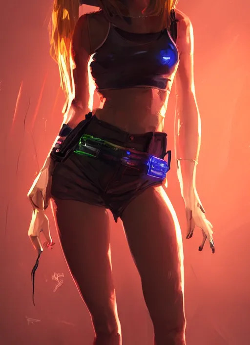 Prompt: a beautiful girl posing on the floor, wearing shorts with suspenders, cyberpunk, dramatic lighting, high detail, concept art, artstation, by Paolo Eleuteri Serpieri