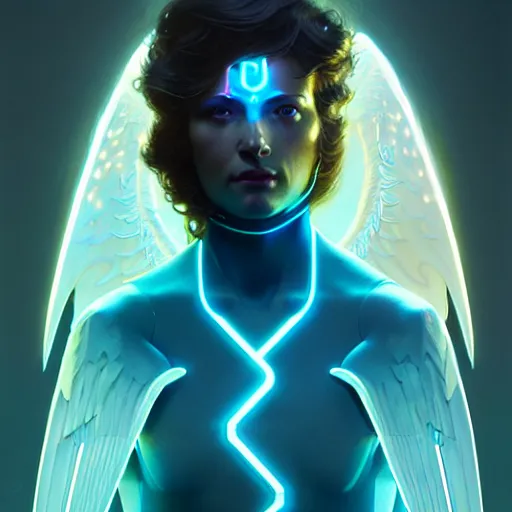 Image similar to tron angel, diffuse lighting, hyper realistic, elegant, concept art, intricate, hyper detailed, smooth, sharp focus, illustration, trending on artstation, art by greg rutkowski and james gurney and alphonse mucha