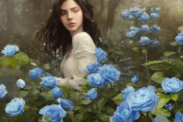 Image similar to a beautiful painting of blue roses garden, girl, by greg rutkowski, trending on artstation