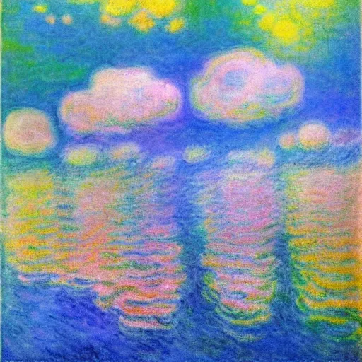 Prompt: Sea like jelly, Rainbow sheep like cotton candy，dreamy, soft , highly detailed, in the style of Oscar-Claude Monet