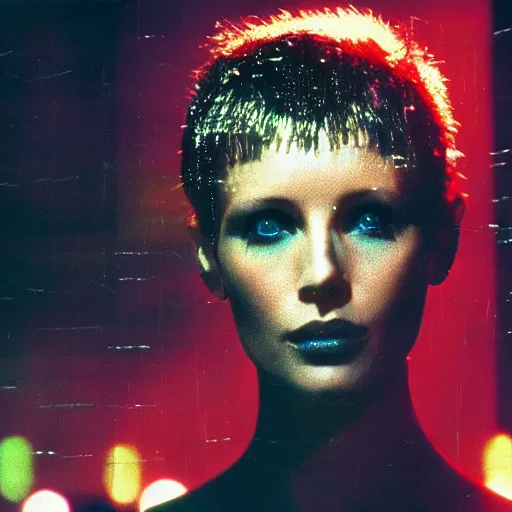 Image similar to close up portrait of rachael tyrell from blade runner at tyrell headquarters photographed by annie leibovitz, cyberpunk, colorful!, nighttime!, raining!