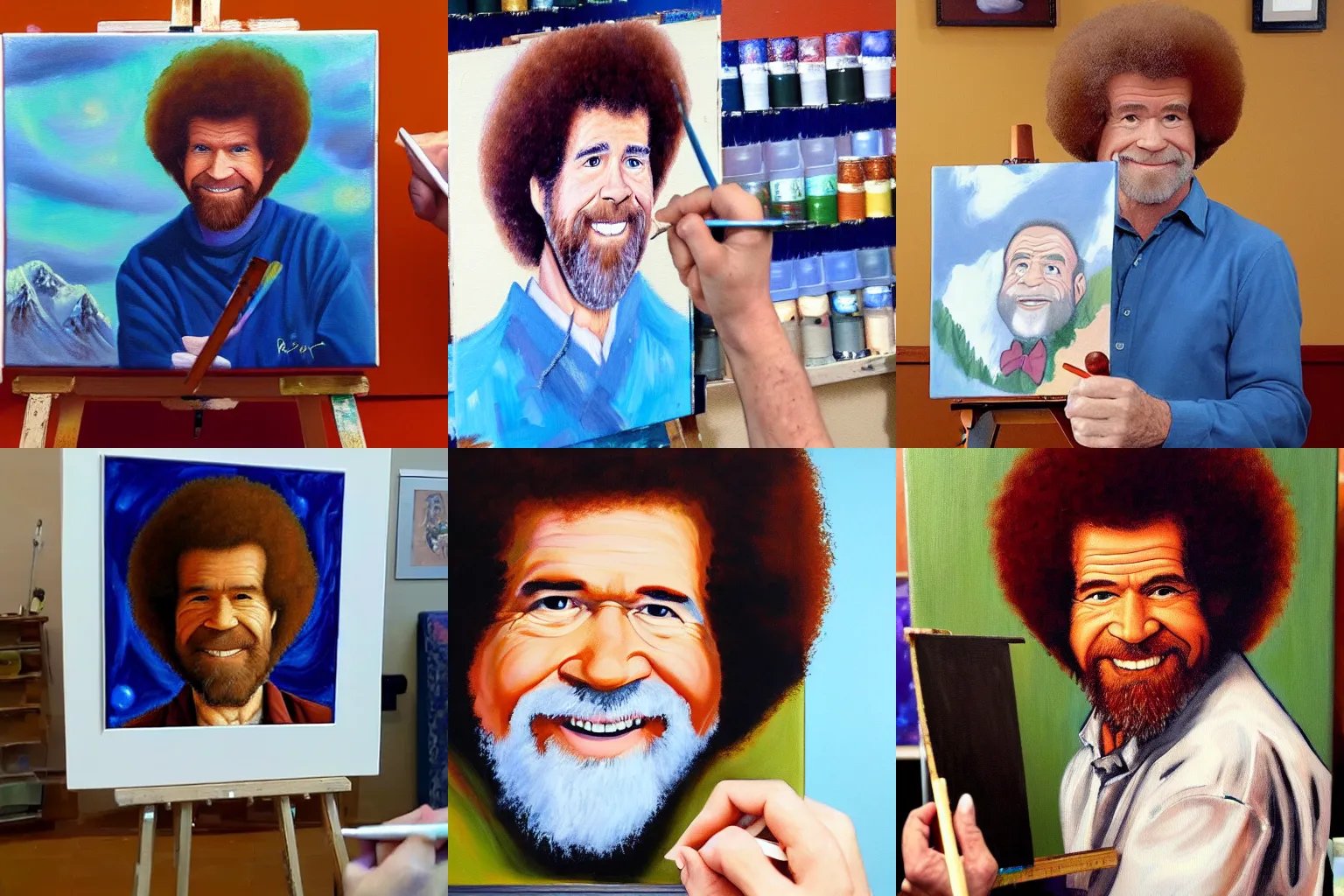 Prompt: A painting of Bob Ross painting a self portrait, infinite recursion