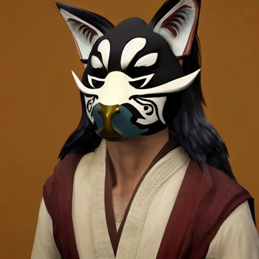 Prompt: a beautiful japanes male wearing a kitsune mask, intricate unreal engine 5 creation for a gallery