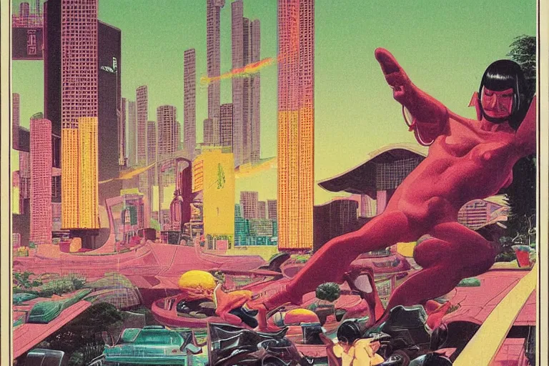 Image similar to 1 9 7 9 omni cover of a lush gated park in the middle of neo - tokyo. art in cyberpunk style by dali, and vincent di fate