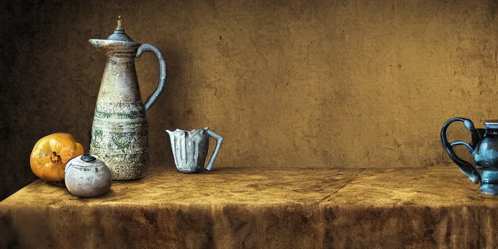 Image similar to Still art, the antique old table with antique ceramic jug with palms inside, candle near jug and vegetables on table, cinematic light, digital art