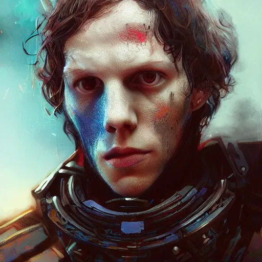 Prompt: jesse eisenberg portrait, dystopia core, apocalyptic, armor, warrior, dramatic, sharp focus, fiction, neon, fantasy, hyper detailed, digital art, trending in artstation, cinematic lighting, studio quality, smooth render, unreal engine 5 rendered, octane rendered, art style and nixeu and wlop and krenz cushart