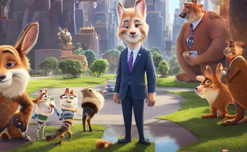 Image similar to joe biden got lost in the zootopia city, artstation hq, stylized, symmetry, modeled lighting, expressive, studio photo refined, highly detailed, hyper realistic, furry, sense of awe, zootopia style