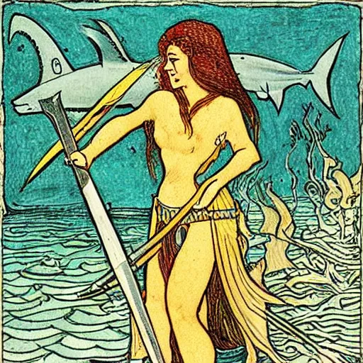 Image similar to a shark woman with melee weapons by ivan bilibin