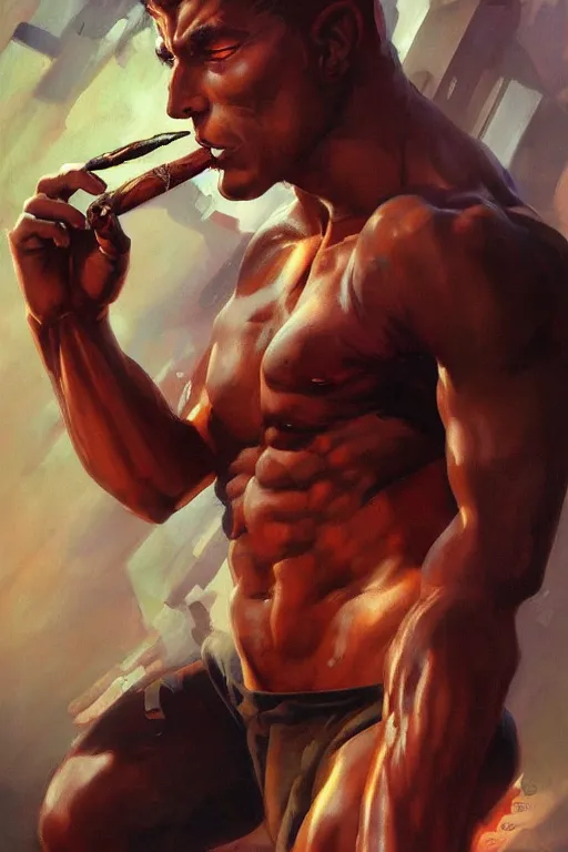 Image similar to A muscular male android smoking a cigar in a cyberpunk setting, by Frank Frazetta, Trending on Artstation, highly detailed,