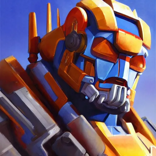 Image similar to greg manchess portrait painting of optimus prime as overwatch character, medium shot, asymmetrical, profile picture, organic painting, sunny day, matte painting, bold shapes, hard edges, street art, trending on artstation, by huang guangjian and gil elvgren and sachin teng