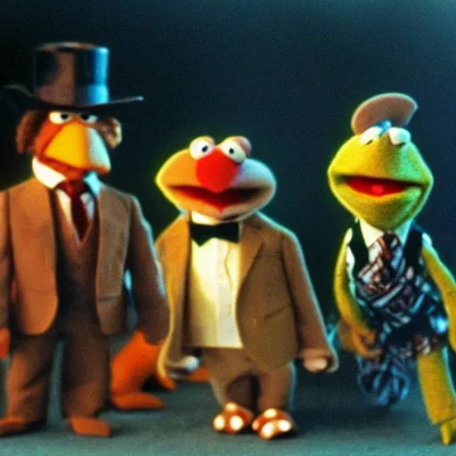 Prompt: trail cam footage unreleased still of the muppets in pulp fiction, photograph, detailed