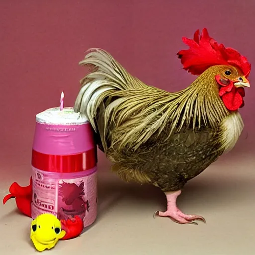 Prompt: a down-covered hatchling chick and a rhode island red rooster with a birthday present