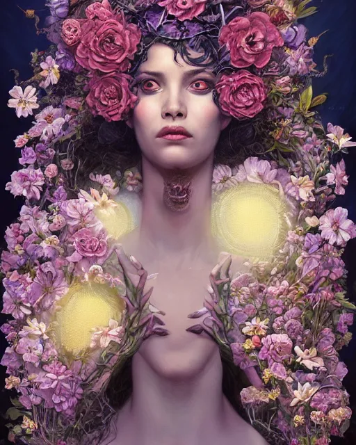 Image similar to portrait of the mulatto queen of the underworld, surrounded by flowers by karol bak, james jean, tom bagshaw, rococo, sharp focus, trending on artstation, cinematic lighting, hyper realism, octane render, 8 k, hyper detailed.