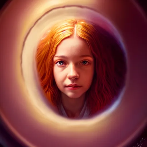 Image similar to portrait of a girl looking through the hole in a bundt cake, digital art, cinematic, concept art, 8k, painting, imaginefx, cgsociety, trending on artstation